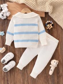 Conjunto de suéter y pantalones de punto rayado grueso y cálido para bebés niños, conjunto informal cómodo y suave para otoño e invierno - Beis - Ver 2