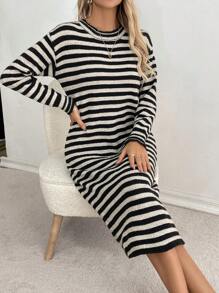 Chiquease Women's Spring Autumn Casual Color Block Striped Sweater Dress