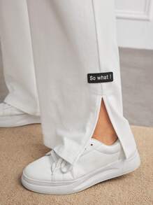 SHEIN Pantalon de survêtement à taille élastique avec détails patchés, fente fendue et large jambe pour la maternité - Blanc - Voir 4