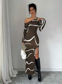 Elenzga 女士不对称抽象涂鸦印花长袖开衩连衣裙