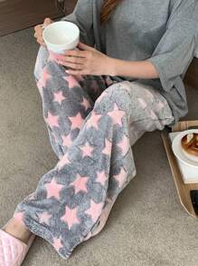 DAZY Thickened Flannel Allover Star Pattern Fluffy Sleep Pants, Thermal Lined Fall, Winter, Cozy - Pink - View 5
