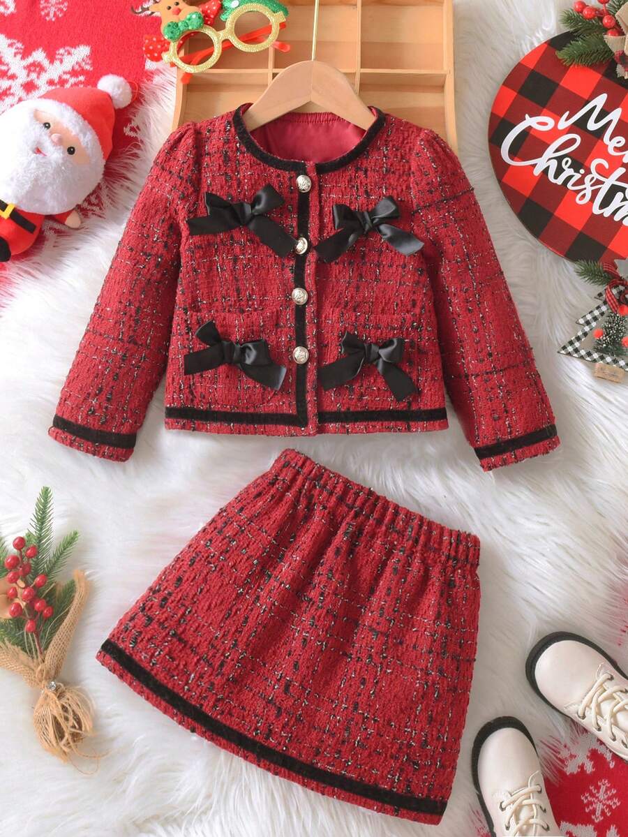 Bộ 2 món cho bé gái: Áo khoác kẻ caro cổ điển màu đỏ có trang trí nơ 3D và chân váy, phù hợp cho những dịp trang trọng hoặc ngày lễ, ấm áp và thời trang thiết yếu cho mùa thu/đông - Màu xanh lá cây đậm - Xem 1