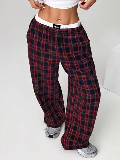 SHEIN EZwear Kontrastfärgade byxor med dubbla midjeband, dekor med patchtryck