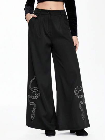 Goth Mysterious Dark Elegant Solid Color Embroidered Snake Design Black Straight Flare Women Pants