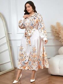 Mulvari Plus Size Long Sleeve Waist Tie Casual Loose Floral Print Dress