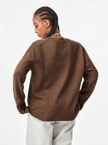 SHEIN EZwear Suéter de cuello redondo de manga larga con estampado a rayas para mujer - Camel - Ver 2