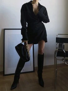 DAZY Women Collared Short Solid Color Dress,Fall Dress Long Sleeve Dress - Black - View 4