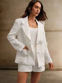 Anewsta Veste de costume de luxe en lin ivoire - Beige - Voir 6