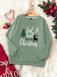 Calvaya 大码女式圣诞快乐树和字母 Just A Girl Who LOVES Christmas 图案印花圆领运动衫 - 綠色 - 查看 1