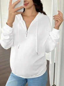 SHEIN 孕妇纯色前拉链连帽运动衫，适合冬季 - 白色 - 查看 3