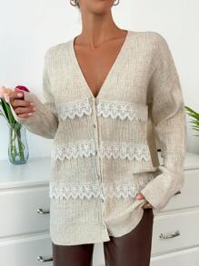 SHEIN Cottnline Knitwear Elegant Cardigan With Laces And Fancy Buttons - Beige - View 4