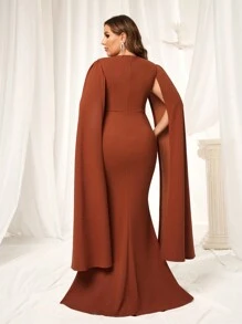 SHEIN Belle Plus Size Elegant Simple Caramel Stretch Fabric Deep V Neck Shawl Long Sleeve Fishtail Type Formal Dresses Bridesmaid Dresses