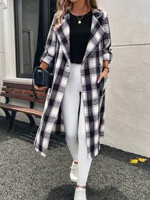 SHEIN LUNE Chaqueta larga de manga larga con puño para mujeres, a cuadros blanco y negro de 2024