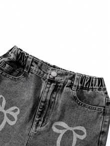 女童复古 Y2K 可爱蝴蝶结印花宽松舒适水洗浅蓝色牛仔直筒牛仔裤 - 黑色 - 查看 4