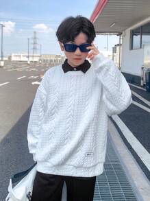 SHEIN 青少年男孩休闲韩版圆领长袖针织运动衫 - 白色 - 查看 1