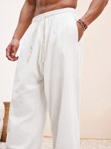 Manfinity BRENVOR 男士海滩夏季度假基本款梭织休闲冲浪海边沙滩装亚麻裤，秋季 - 白色 - 查看 5