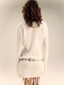 TypaGal Autumn Fashion Overlapping V-Neck Fringe Design Knitted Sweater Dress - White - View 2