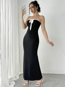Chiquease Robe pull longue ajustée et élégante sans manches avec lien à l'avant pour femmes, pour l'été - Noir - Voir 6