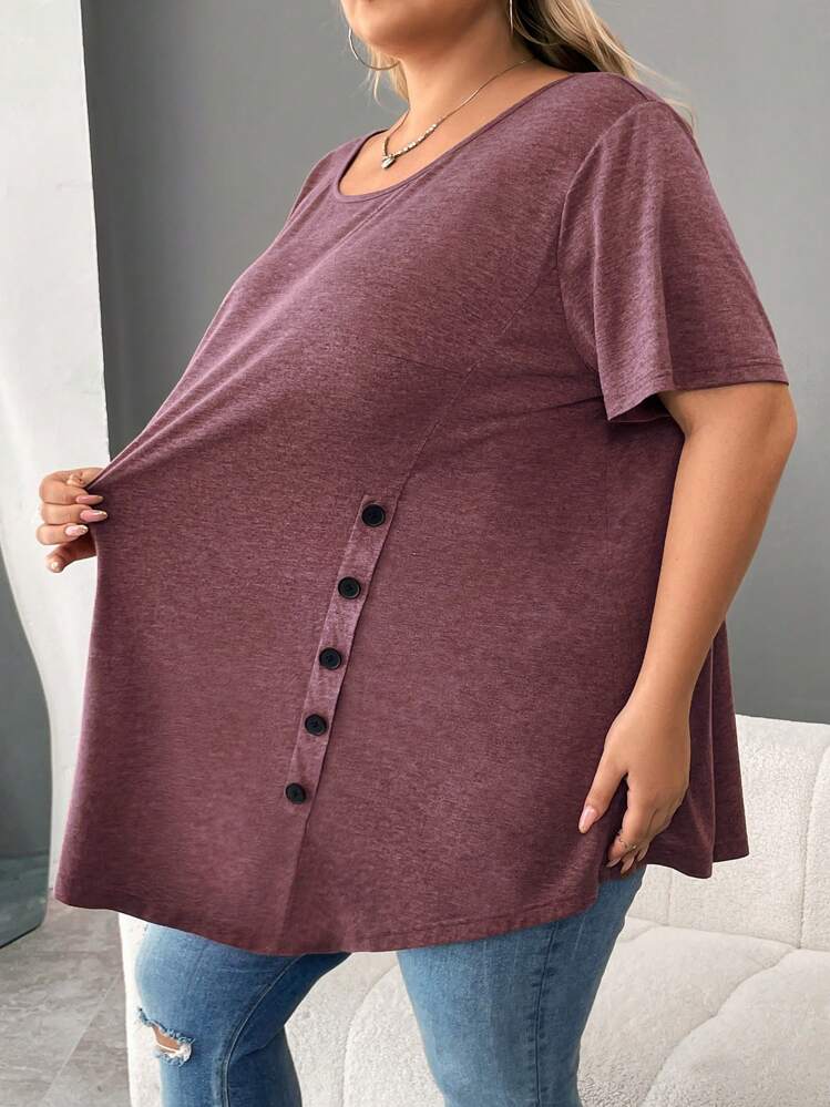 SHEIN CURVE+ Plus Size Button Detail Asymmetrical Hem Tee - Rusty Rose - View 5