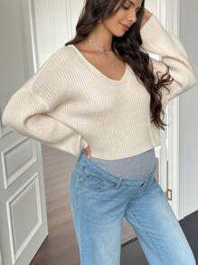 SHEIN 1 件孕妇纯色 V 领长袖毛衣，适合冬季