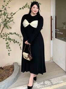 Dazy Plus Plus Size Bow Accent Long Slim Bodycon Dress,Fall Clothes Long Sleeve Dress Maxi Dress - Black - View 8