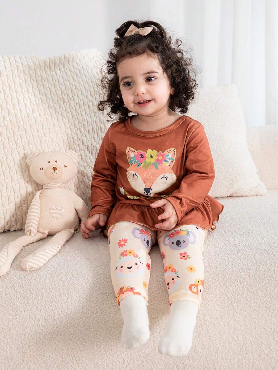 SHEIN 2pcs/Set Baby Girls Khaki Cute Animal Graphic Print Casual Outfit, Autumn & Winter - Multicolor - View 1
