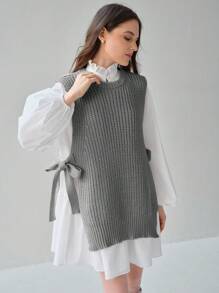 Enchnt Women's Casual Solid Color Side Slit Tie Knit Vest, Spring & Autumn - Grey - View 6