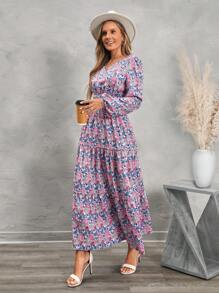 SHEIN LUNE 女士花卉印花褶皱收腰连衣裙 - 藍色 - 查看 5