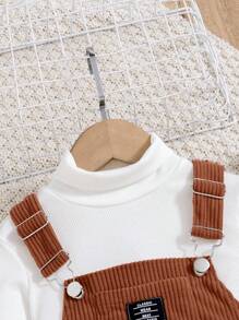 SHEIN 2 件装年轻女孩休闲背带裙，带细节肩带和长袖上衣套装，春秋季 - 棕色 - 查看 4