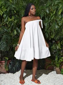 Slaydiva Summer /Beach Casual Vacation One-Shoulder Bow Tie A-Hem Ruffle Hem Loose Yellow Short Dress Women's Dress