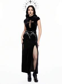 ROMWE Gothic Dark Vampire Style Criss-Cross Cutout High Slit Bodycon Dress - Black - View 4