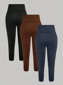 SHEIN SXY 3 条装女式裤子 - 高腰收腹黑色休闲紧身打底裤 - 棕色 - 查看 2