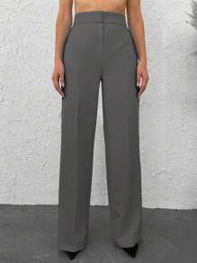 EURMUSE Women's Solid Color Minimalist Everyday Blazer With Relaxed Pants - Dark Grey - View 1