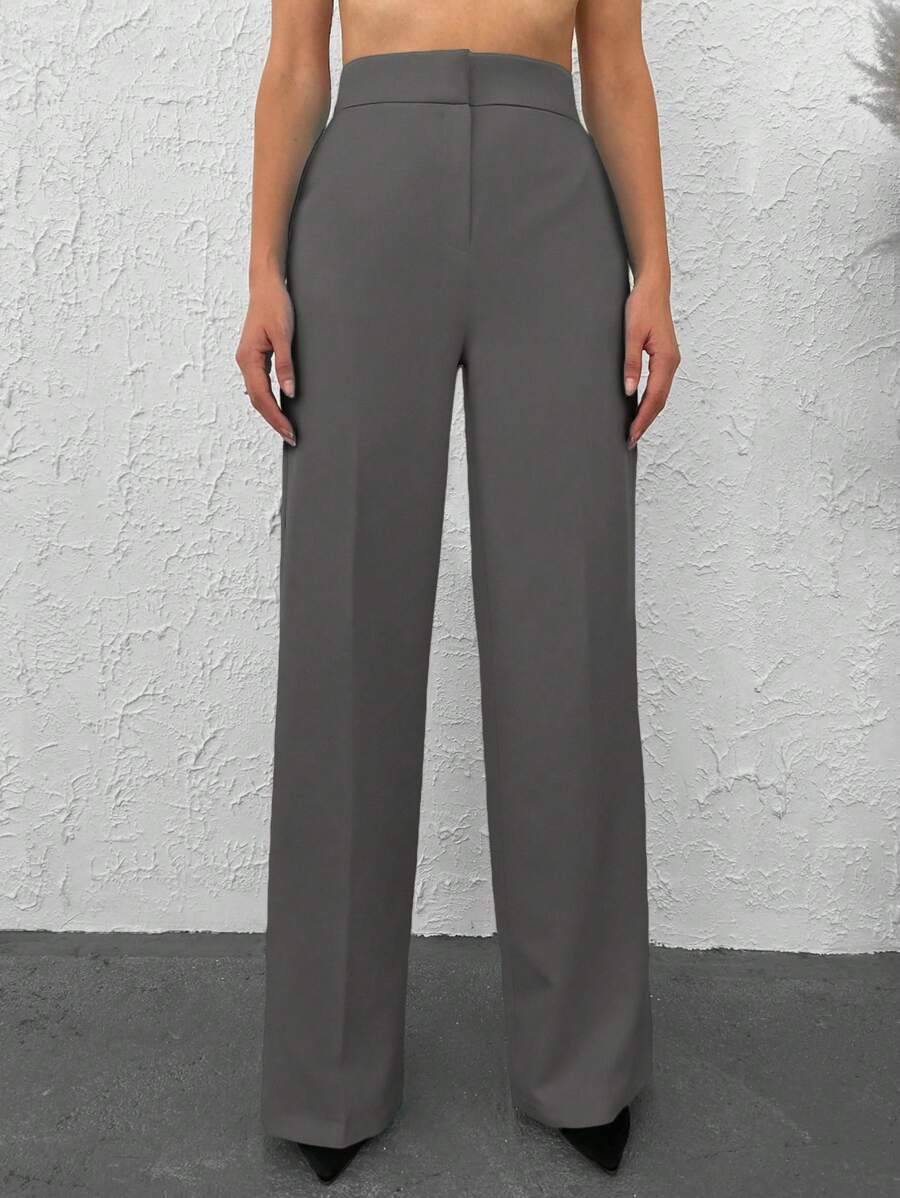 EURMUSE Women's Solid Color Minimalist Everyday Blazer With Relaxed Pants - Dark Grey - View 1