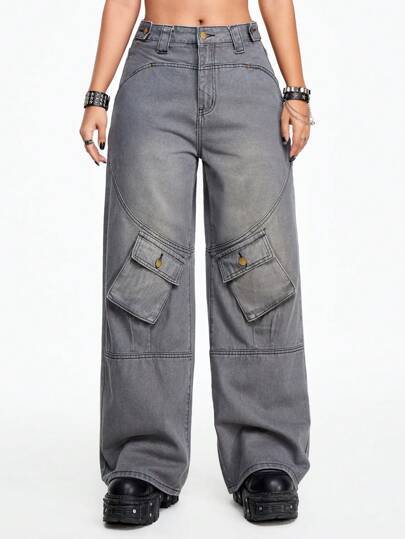 Grunge Punk Jeans A Gamba Larga Ampia Con Tasche Con Patta E Dettaglio Lavato Frontale