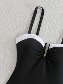 Swim Chiccia 1 件女式拼色 V 领钢圈连体泳衣夏季 - 黑與白 - 查看 8