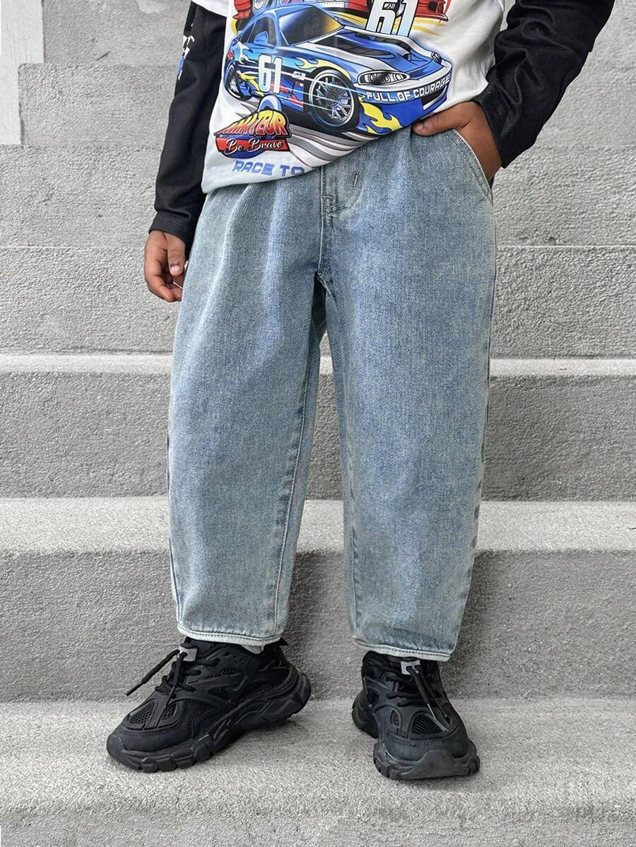 小男孩基本款可爱日常休闲松紧腰撞色下摆和平口袋灯笼裤牛仔裤 - 淺色水洗藍 - 查看 1