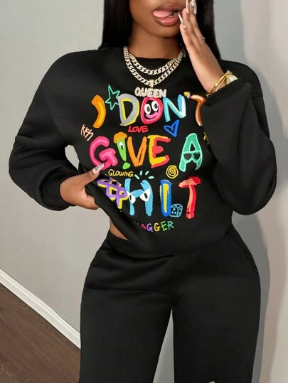 Slaydiva Ensemble deux-pièces en survêtement doublé thermique : sweatshirt ample à manches longues, col rond, avec imprimé logo et slogan anglais coloré et amusant, et leggings
