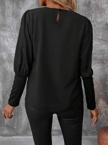 EMERY ROSE 女士纯色圆领泡泡袖优雅办公室衬衫，春秋季，长袖上衣