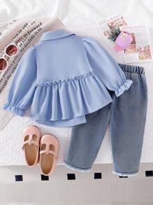SHEIN 2pcs/Set Baby Girls' Asymmetrical Pattern Shirt + Denim Pants Outfit