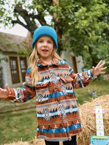 SHEIN Young Girl Retro Pattern Fleece Long Sleeve Cardigan Jacket With Pockets, Brown, Winter