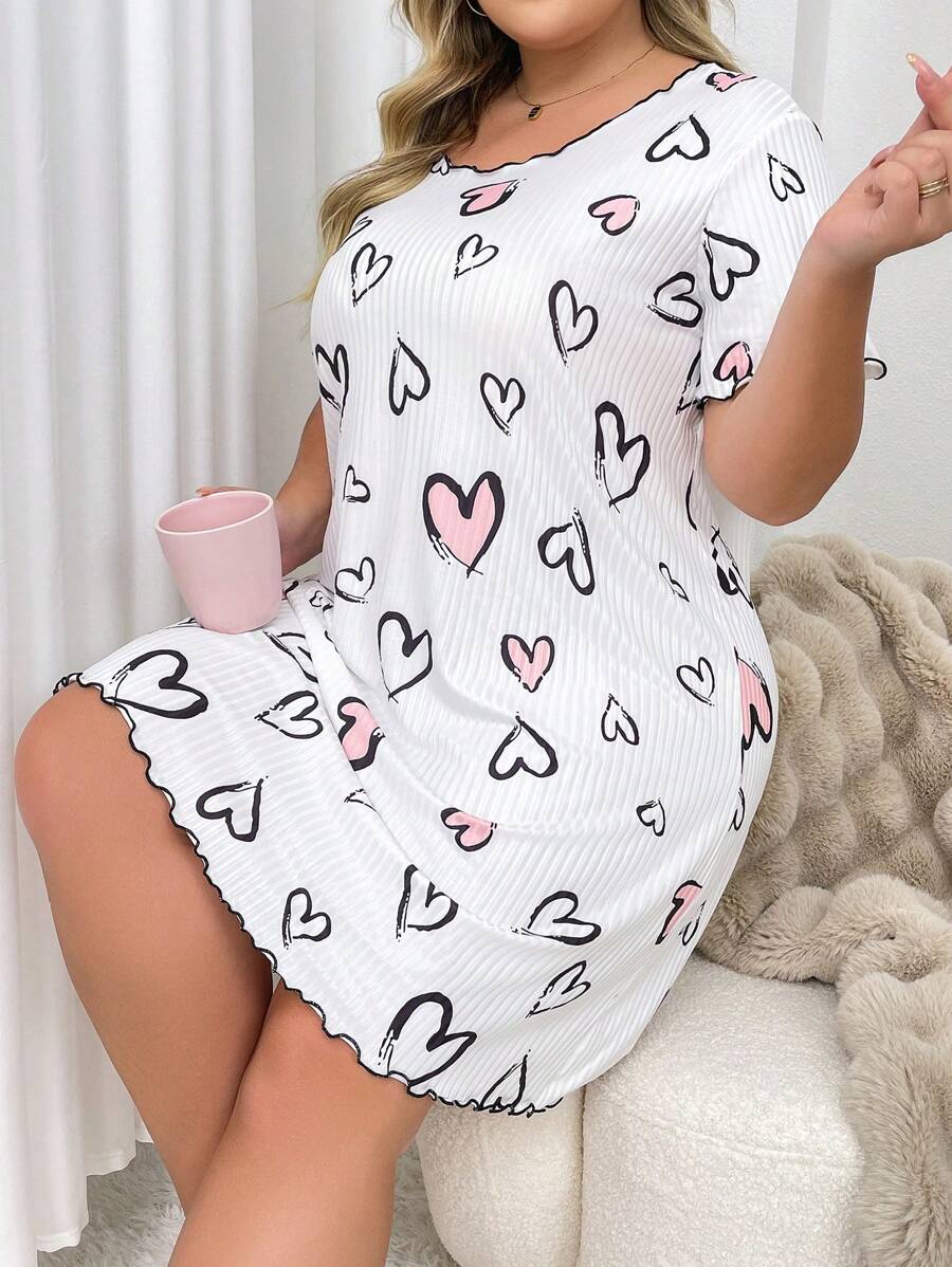 Slumberry CURVE Plus Size Heart Print Textured Nightdress, Moo Moo Night Dress - White - View 1