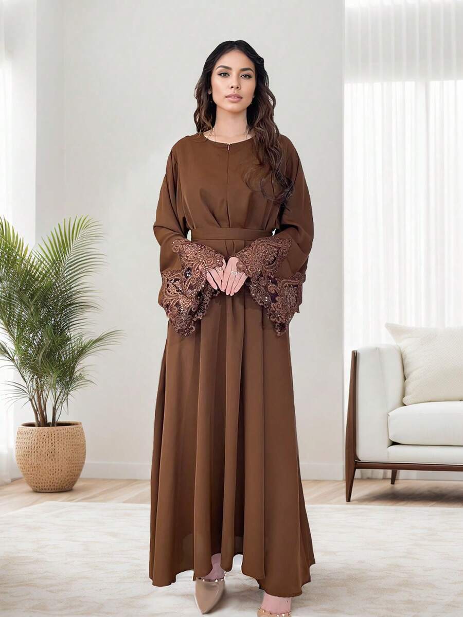 1pc Fashionable Ladies' A-Line Cuff Lace Arabic Traditional Solid Color Eid Holidays Casual Ladies Jalabeya Robe Robe - Brown - View 1