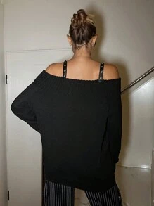 SHEIN ICON Halloween Cross Pattern Casual Oversized Long Sleeve Sweater With Thick Straps Outfits, Women Clothes