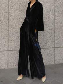 DAZY Women's Solid Color Lapel Collar Long Sleeve Elegant Velvet Wide Leg Jumpsuit,Back To School Clothes