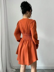 Chiquease 女式纯色 V 领长袖褶饰休闲秋季中长连衣裙 - 橘色 - 查看 2