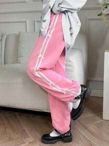 Chiquease Damen Rosa Hose mit seitlichem Streifen und Schleifendekor - Pink - Übersicht 3