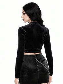 ROMWE Áo thun tay dài thêu da rắn khoét rỗng phong cách Gothic gợi cảm dành cho nữ - màu đen - Xem 3