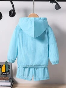 2 piezas Conjunto deportivo casual minimalista con capucha y shorts para niño joven, adecuado para uso diario, escuela, deportes, primavera/verano/otoño