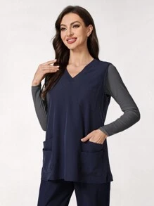 TaskEZ Solid Color Patchwork V-Neck Long Sleeve Simple Scrub Uniform Top - Navy Blue - View 8